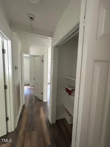 a bathroom with a walk in closet and wooden floor