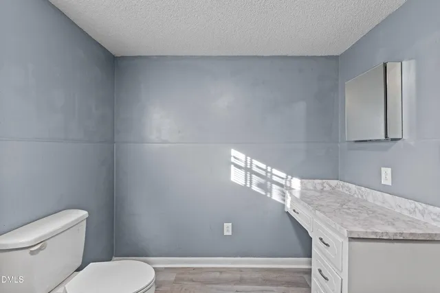 a bathroom with a granite countertop toilet and a sink