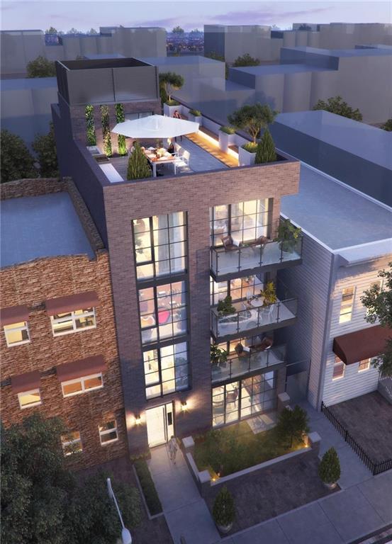 a view of a building from a patio