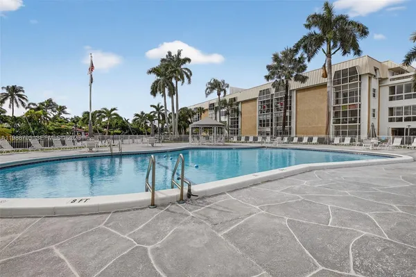 a view of a swimming pool with a patio
