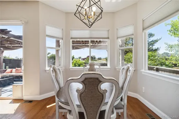 a view of a dining room with furniture window and wooden floor