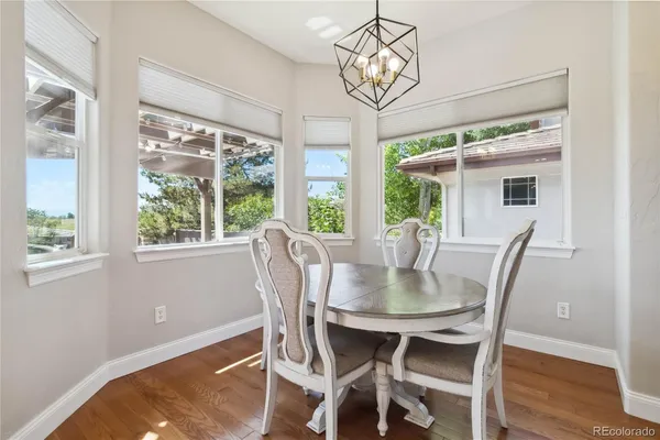 a view of a dining room with furniture window and wooden floor