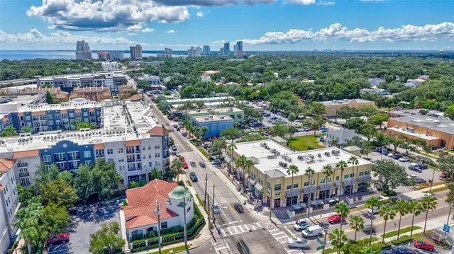 a city view with tall buildings