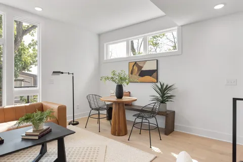 a living room with furniture and a potted plant