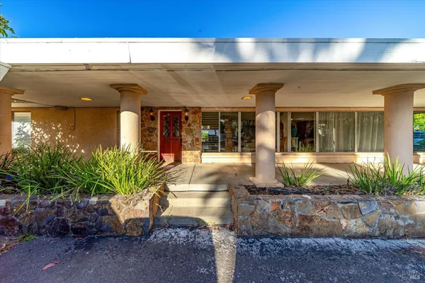 a view of a building with potted plants