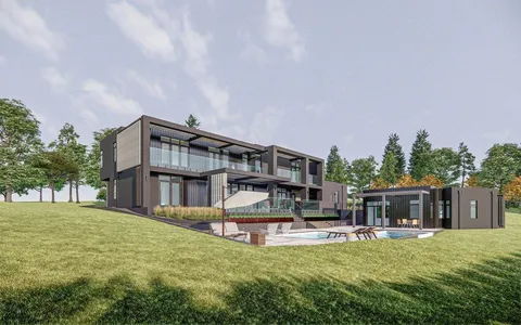 a swimming pool view with a outdoor seating