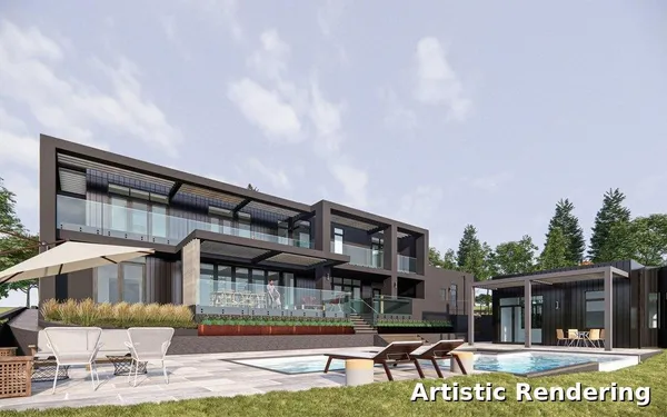 a view of house with swimming pool and furniture
