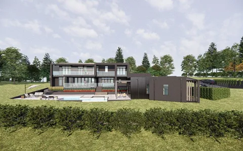 a view of a house with a big yard and a large tree