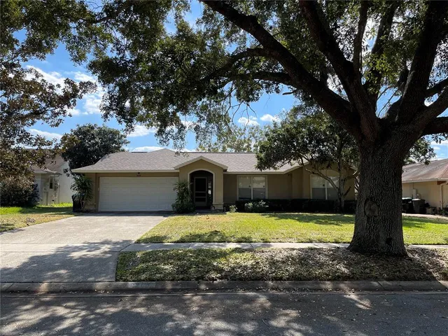 a view of a house with a yard large tree and a large tree