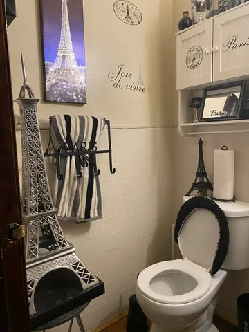 a bathroom with a toilet mirror and a sink