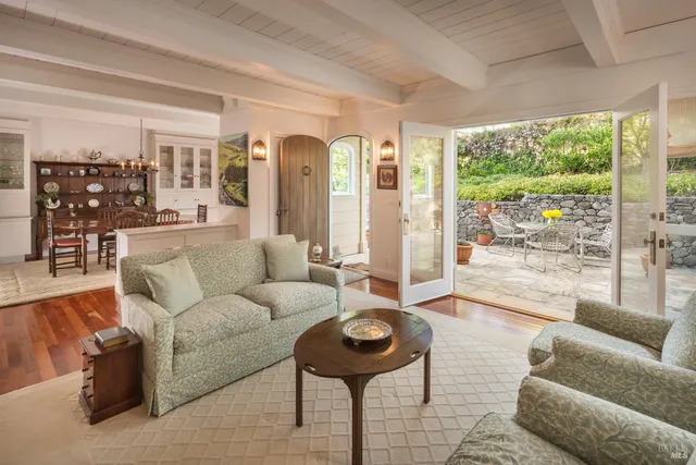a living room with furniture potted plant and a window