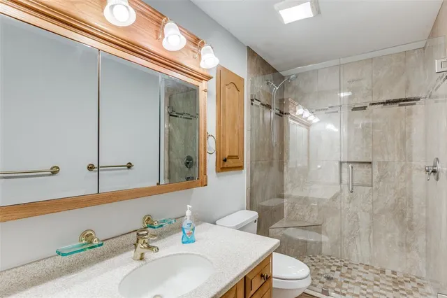 a bathroom with a sink vanity granite toilet and shower
