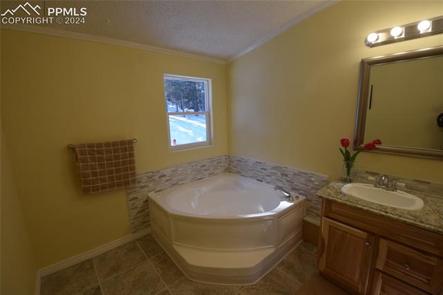 287 Anderson Road Florissant, CO 80816 - Photo 7 of 17 Bathroom with backsplash, a textured ceiling, a washtub, tile floors, and vanity