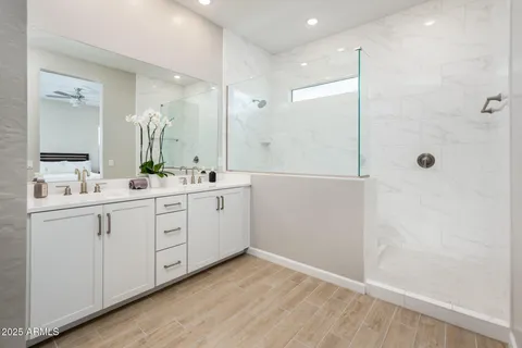 a garden view with a seating space