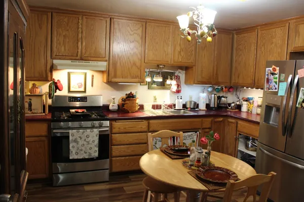 a view of a dining room with furniture