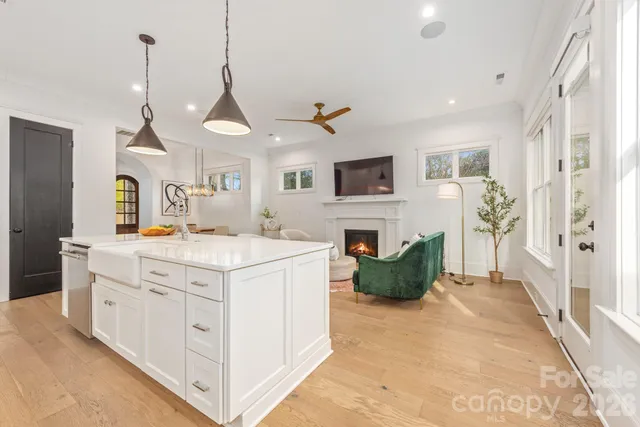 a view of living room kitchen with furniture and a fireplace