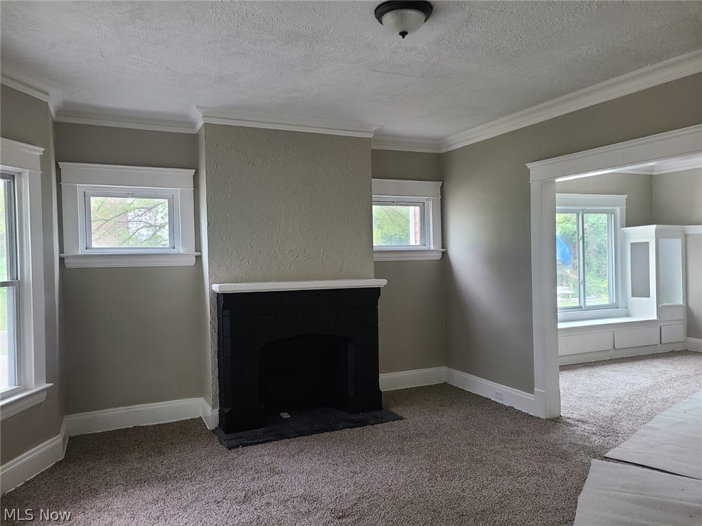1830 Mannering Road Cleveland, OH 44112 - Photo 4 of 24 Unfurnished living room with a healthy amount of sunlight, a textured ceiling, and dark carpet