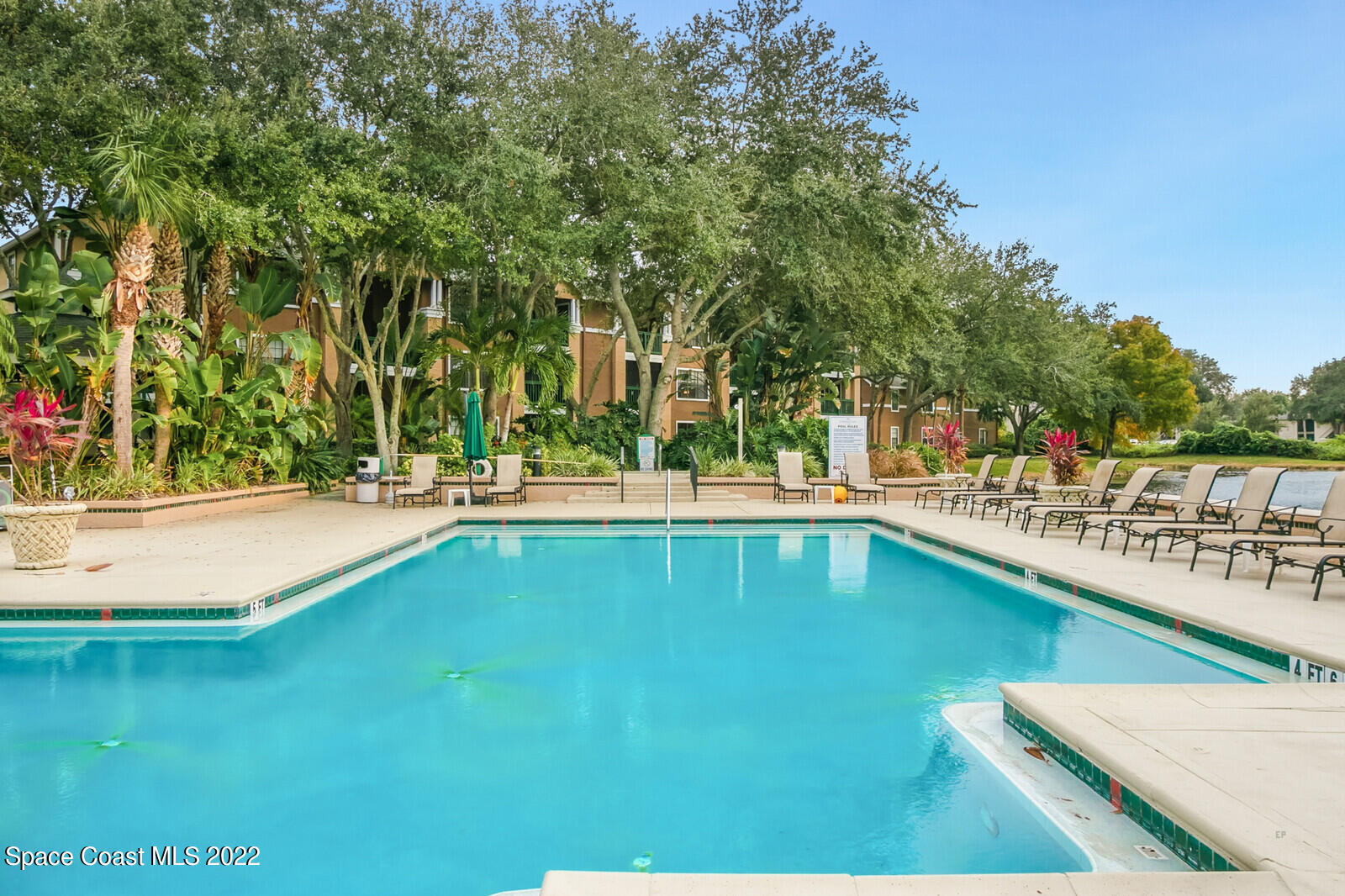 7667 North Wickham Road, Unit 418 Melbourne, FL 32940 - Photo 33 of 36 a view of swimming pool with outdoor seating and trees in the background