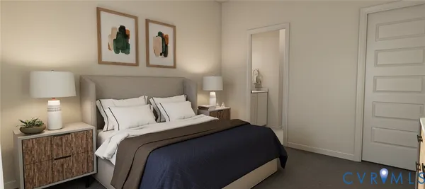 a bedroom with a bed and painting on the wall