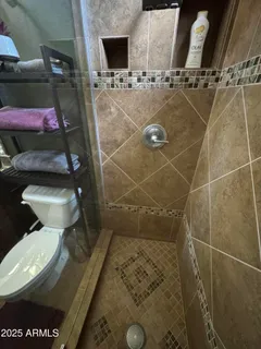 a bathroom with a toilet and a shower