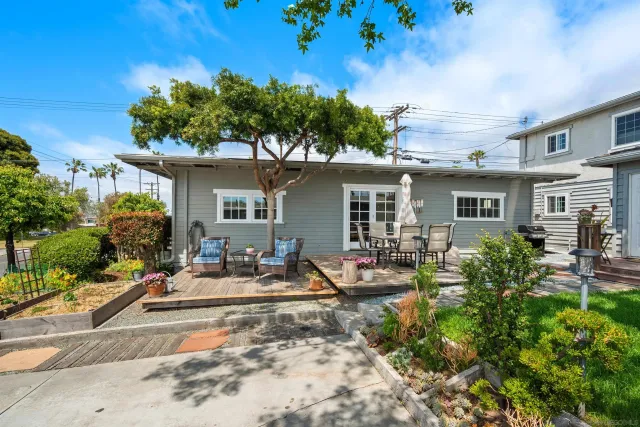 a backyard of a house with table and chairs