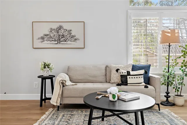 a living room with furniture and a potted plant