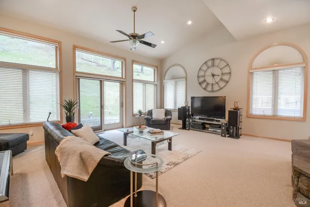 a living room with furniture potted plant and a chandelier