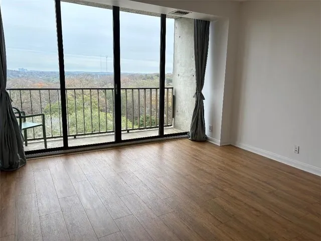 a city view with tall buildings