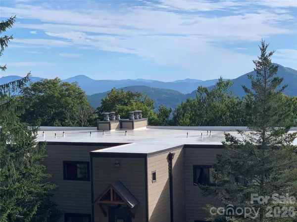 a view of a terrace with a garden and mountain view