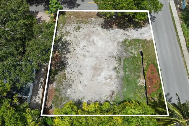 a view of a yard with plants and trees