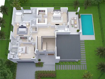 a aerial view of a house with balcony and outdoor seating