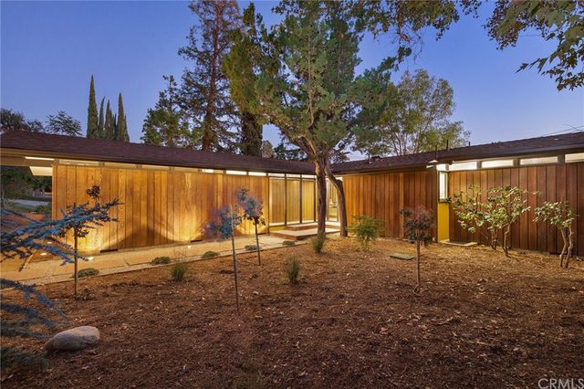 a view of a park with large trees