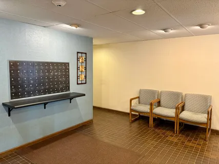 a living room with furniture and a rug