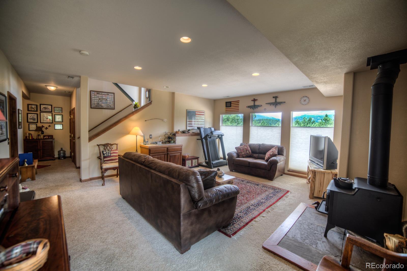 264 Hangmans Road Bailey, CO 80421 - Photo 22 of 33 a living room with furniture gym equipment and a flat screen tv