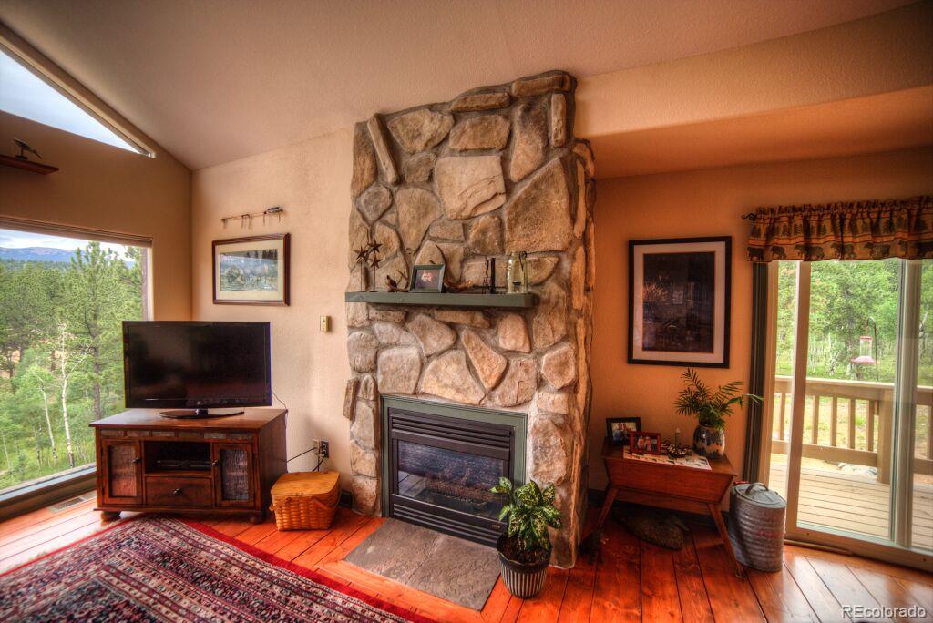 264 Hangmans Road Bailey, CO 80421 - Photo 6 of 33 a living room with furniture a flat screen tv and a fireplace