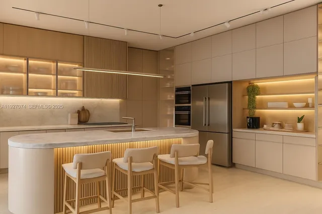 a kitchen with stainless steel appliances a sink and a refrigerator