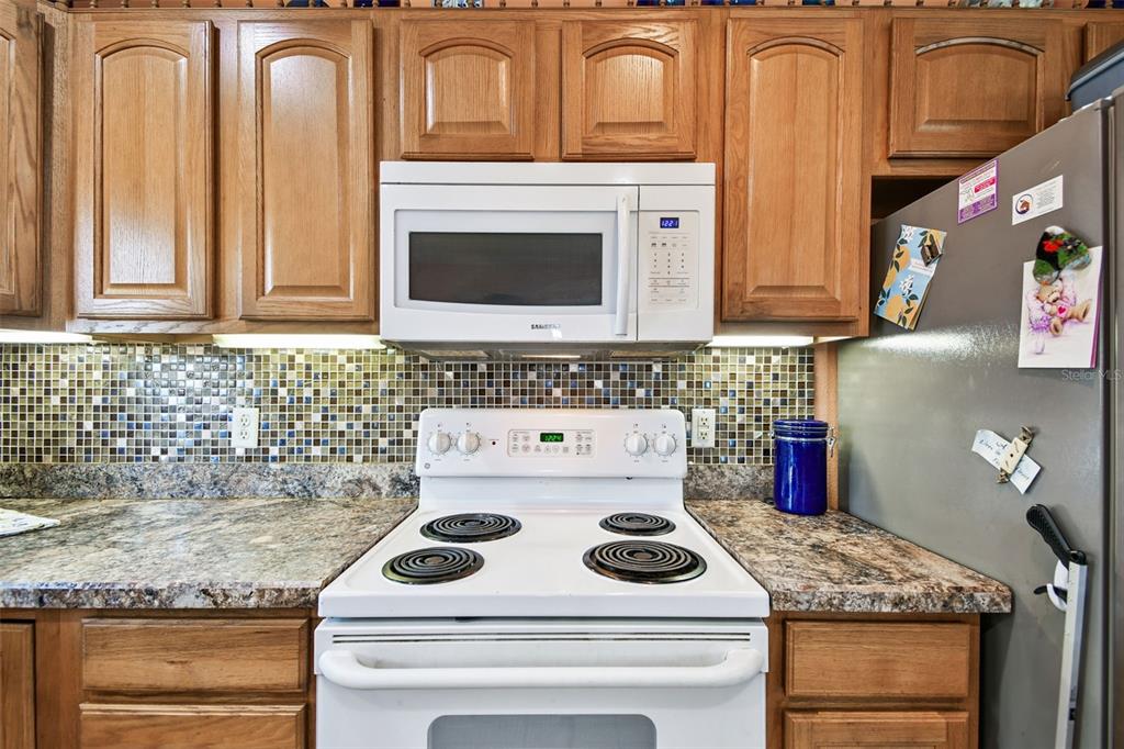 87 Lone Star Street Umatilla, FL 32784 - Photo 15 of 59 a kitchen with granite countertop cabinets stove top oven and microwave