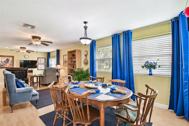 a view of a dining room with furniture window and outside view