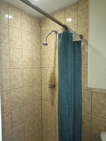 a bathroom with a shower and a glass door shower