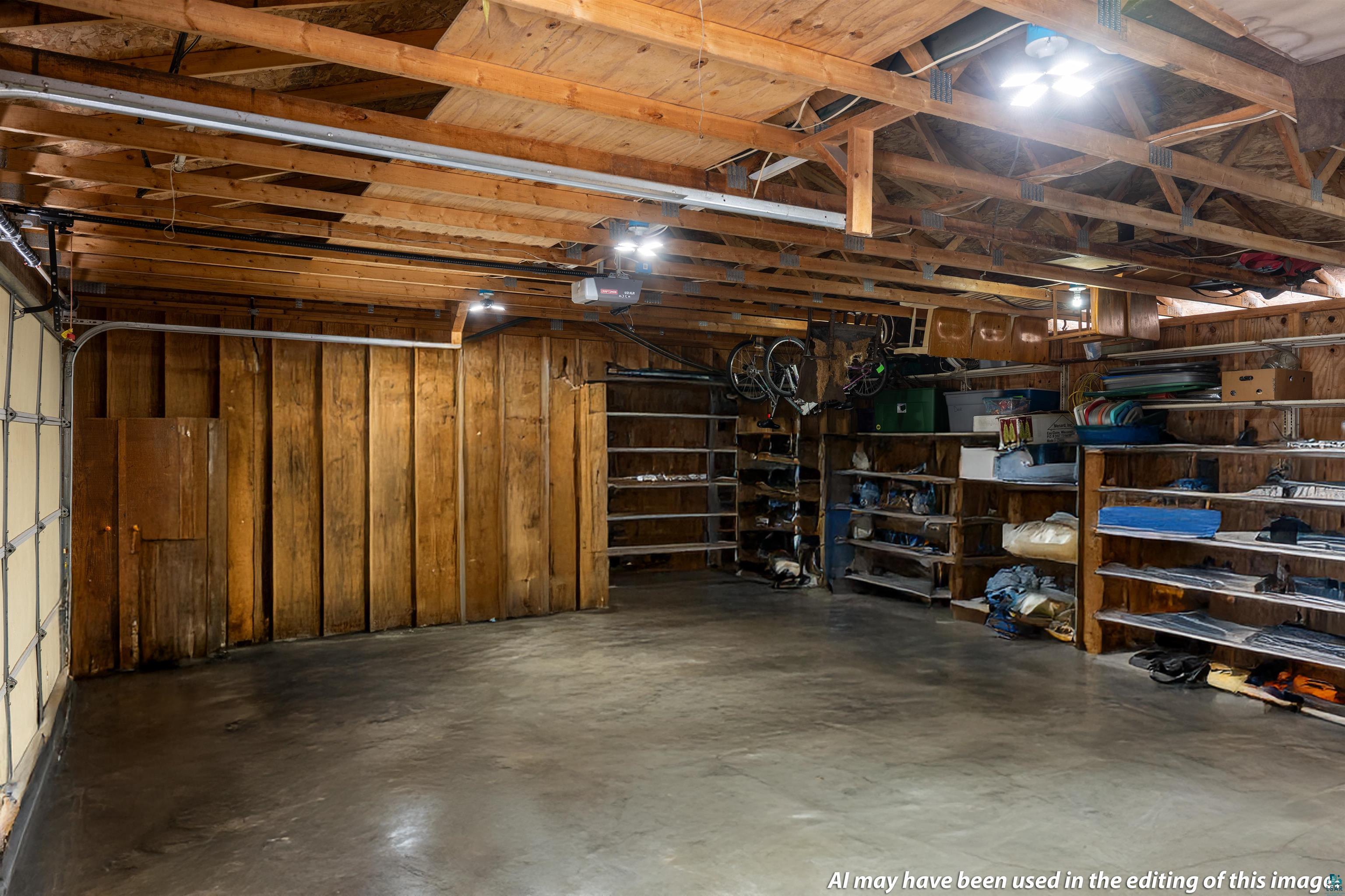 6030 Lake Ahmeek Road Hughes, WI 54847 - Photo 16 of 26 Garage featuring cement slab, wooden walls and a garage door opener