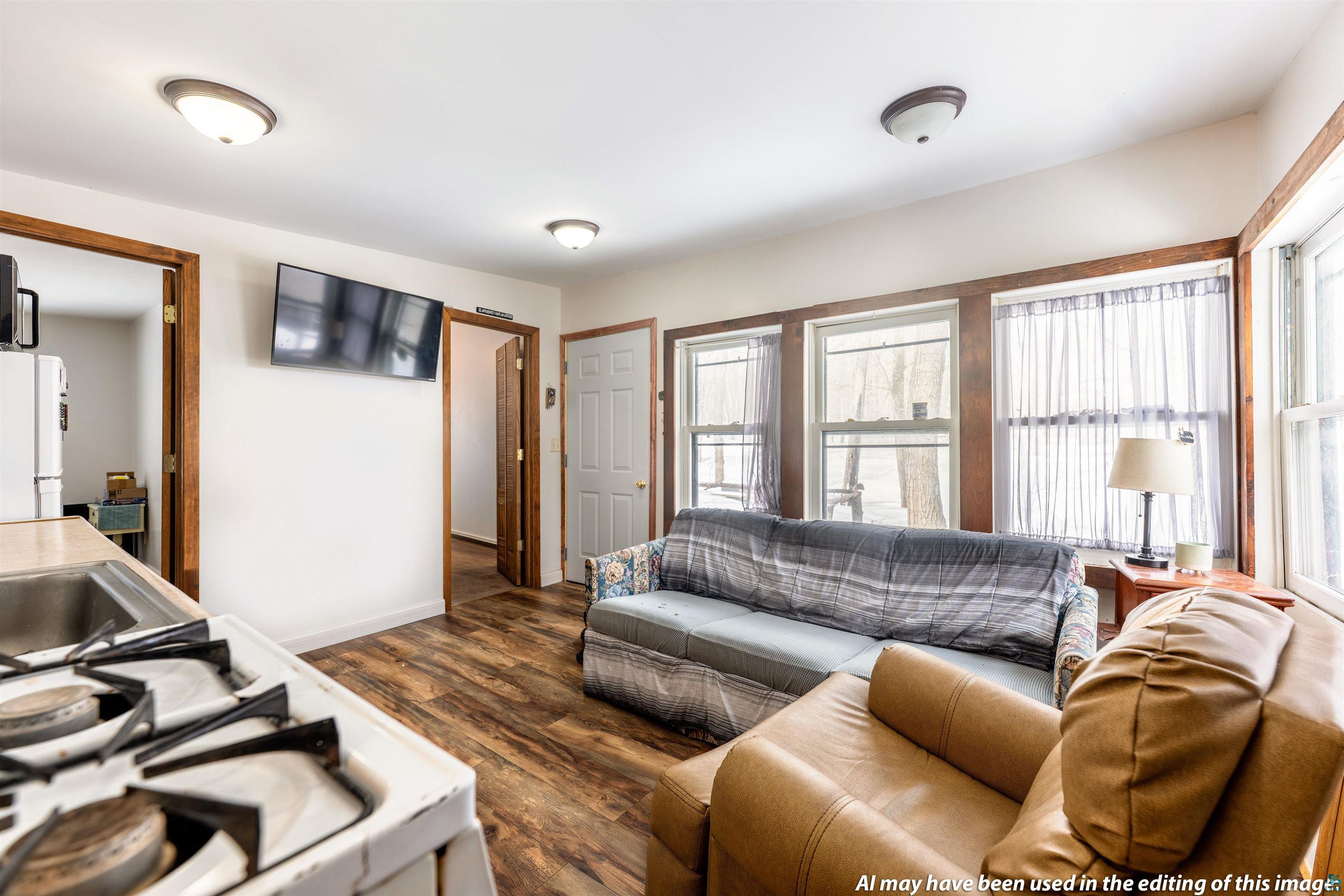 6030 Lake Ahmeek Road Hughes, WI 54847 - Photo 21 of 26 Living area featuring dark wood finished floors and baseboards