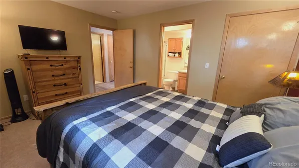 a bedroom with a bed and flat screen tv