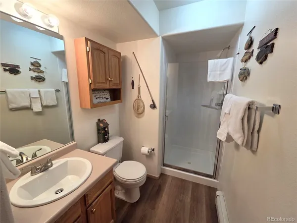 a bathroom with a sink a toilet and shower