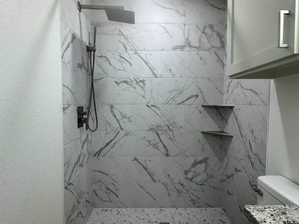 a bathroom with a toilet and a shower