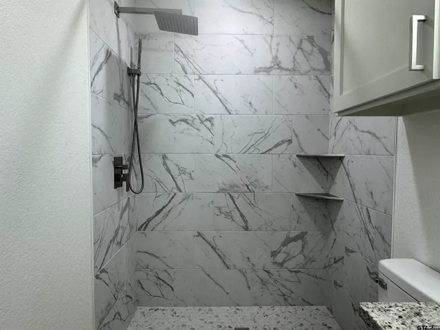 a bathroom with a toilet and a shower