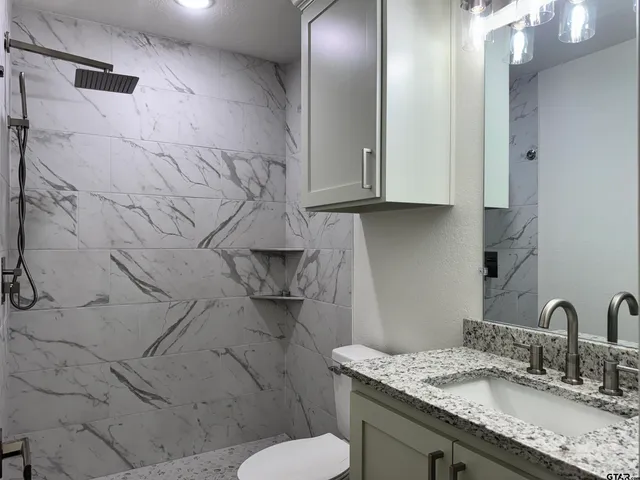 a bathroom with a granite countertop sink a toilet and mirror