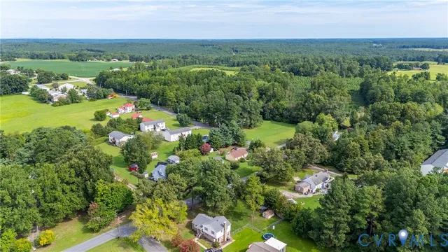 an aerial view of green landscape with trees houses and mountain view
