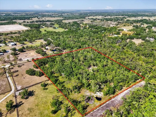 an aerial view of a residential houses with outdoor space and trees