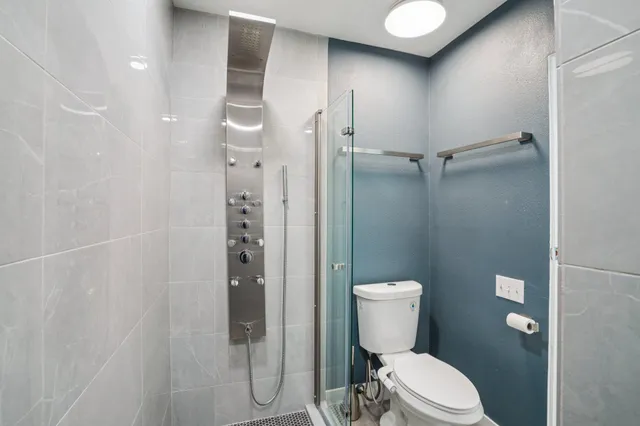 a bathroom with a toilet and a shower