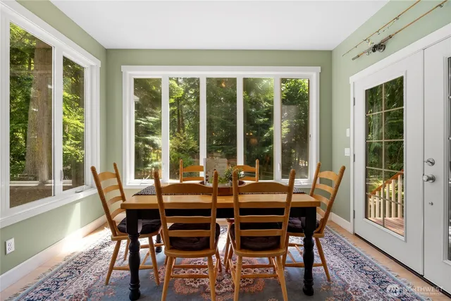 a view of a dining room with furniture window and outside view